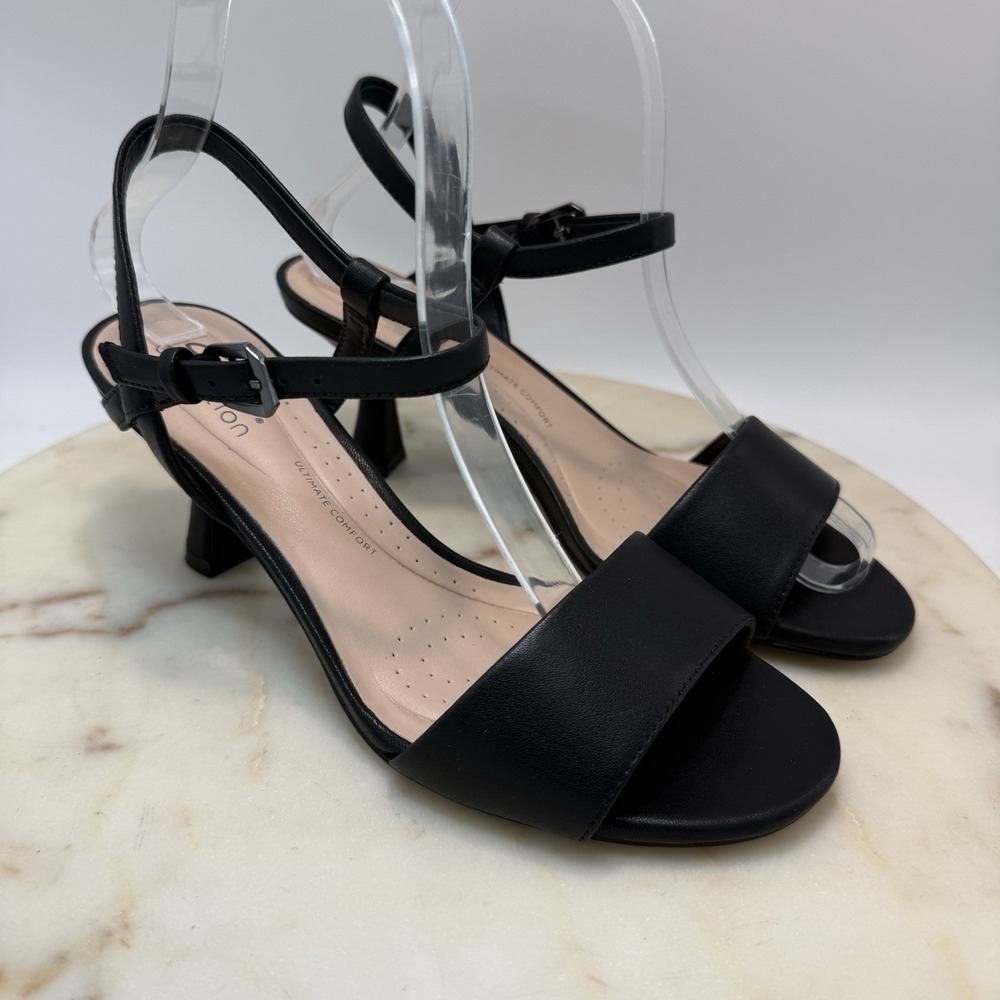 Clarks Women's Evalynne May Black Leather Ankle Strap Heels Size 6.5M